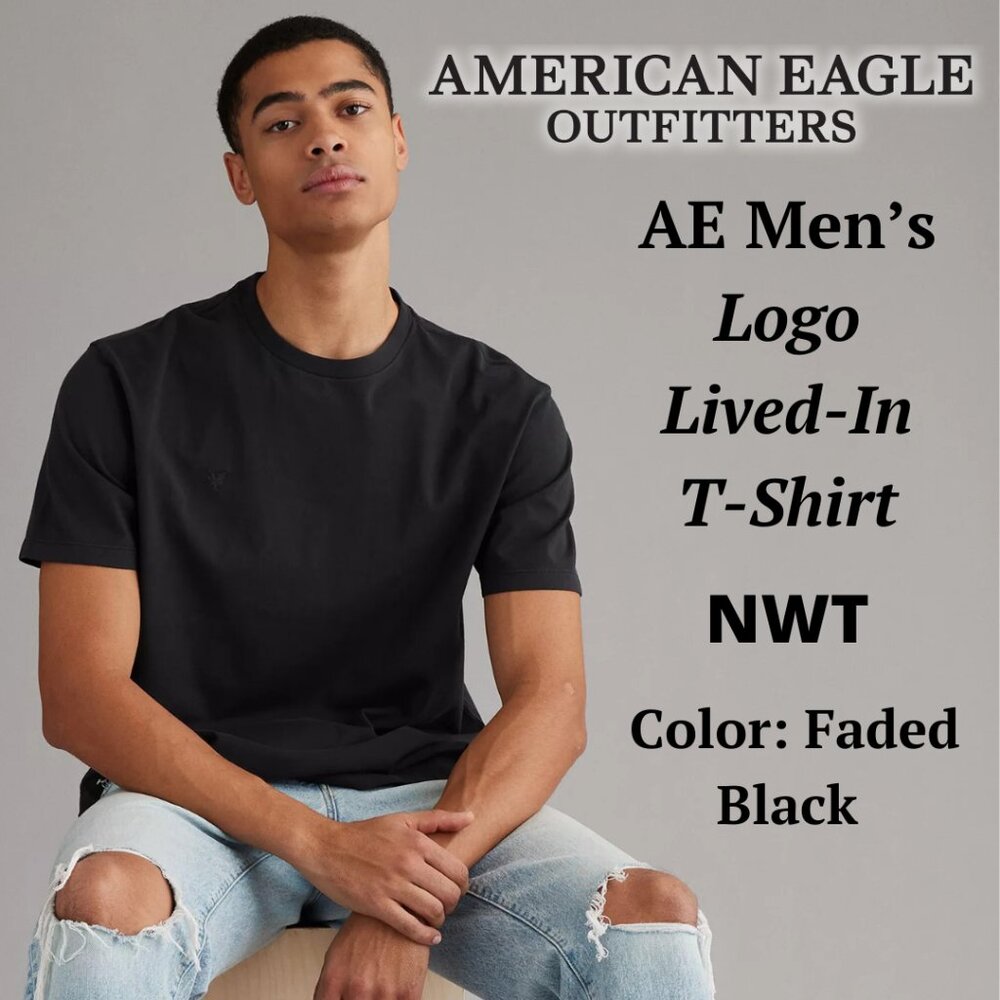 AMERICAN EAGLE OUTFITTERS - MENS Logo Lived-In T-Shirt - Faded Black